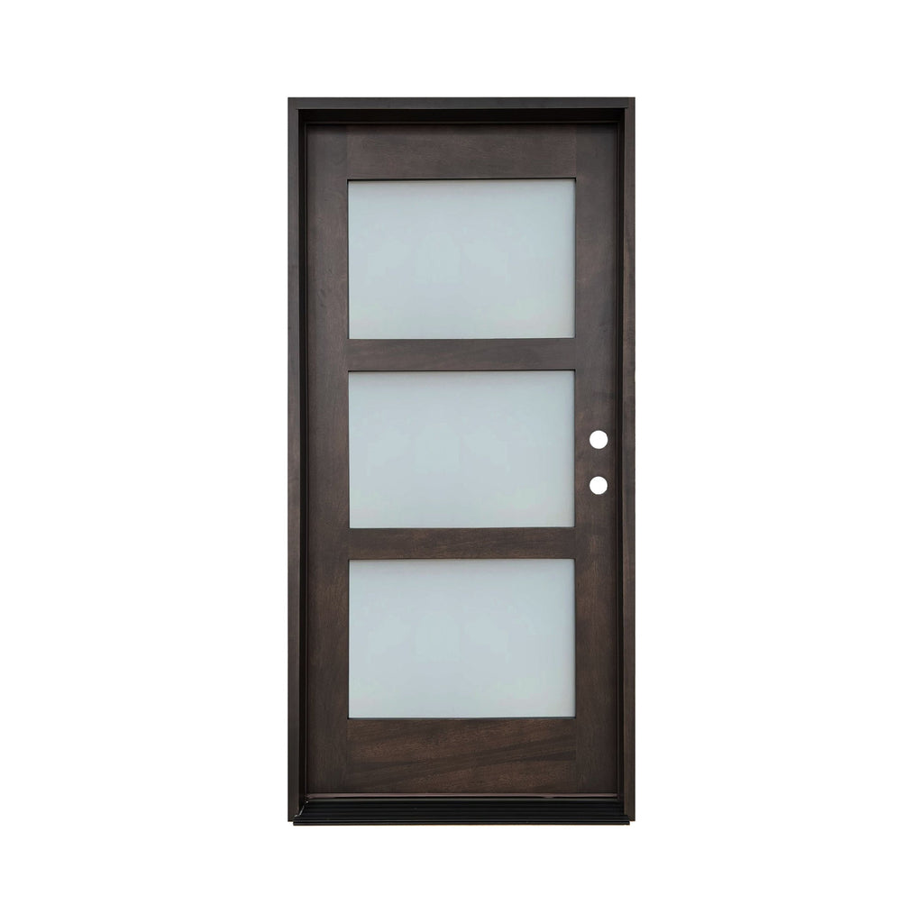 Prefinished Mahogany Wood Door, Frosted Glass, 3 lite, Wood Door and Frame, Privacy Glass, Single Door, 4 inch Jamb, Left Swing