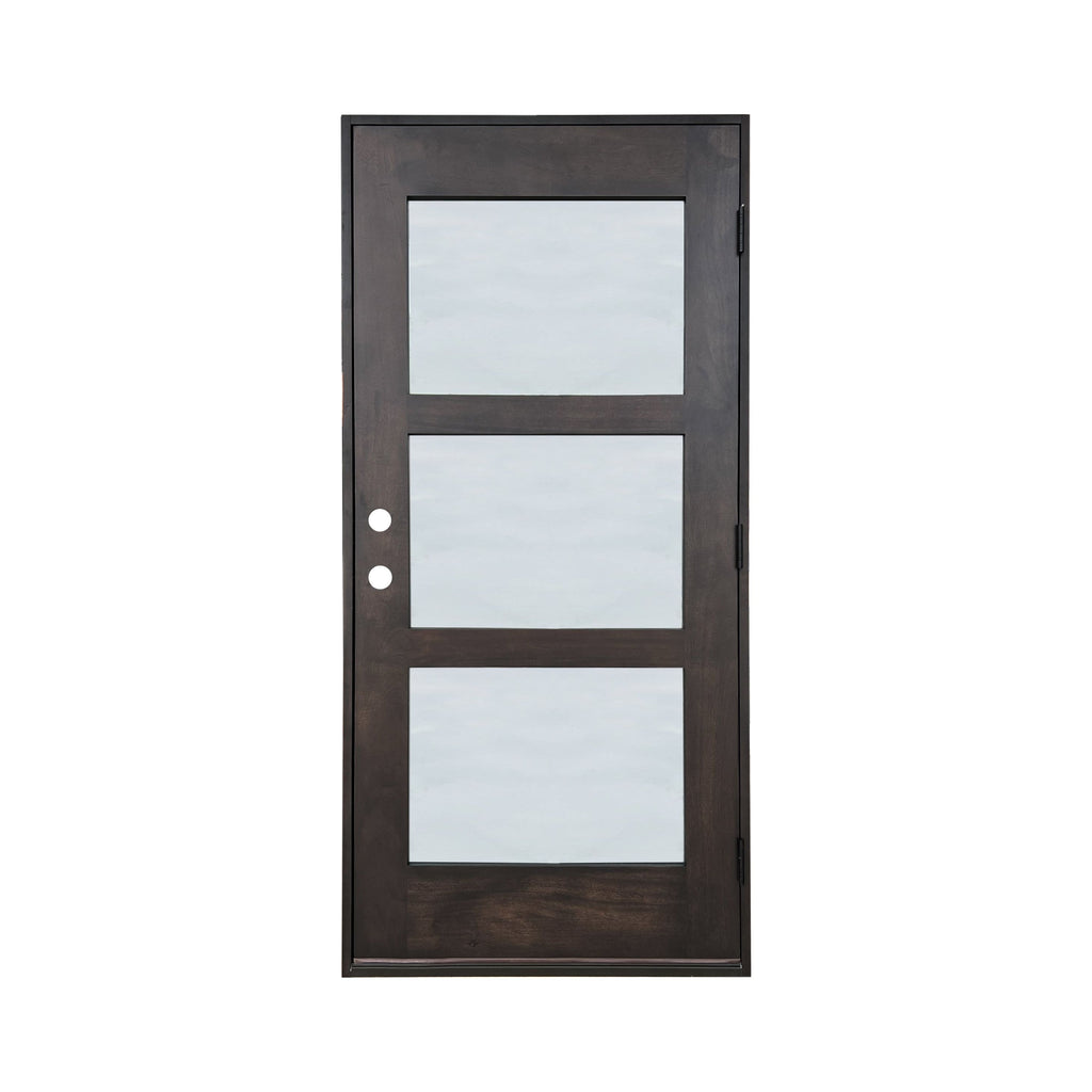 Prefinished Mahogany Wood Door, Frosted Glass, 3 lite, Wood Door and Frame, Privacy Glass, Single Door, 4 inch Jamb, right swing