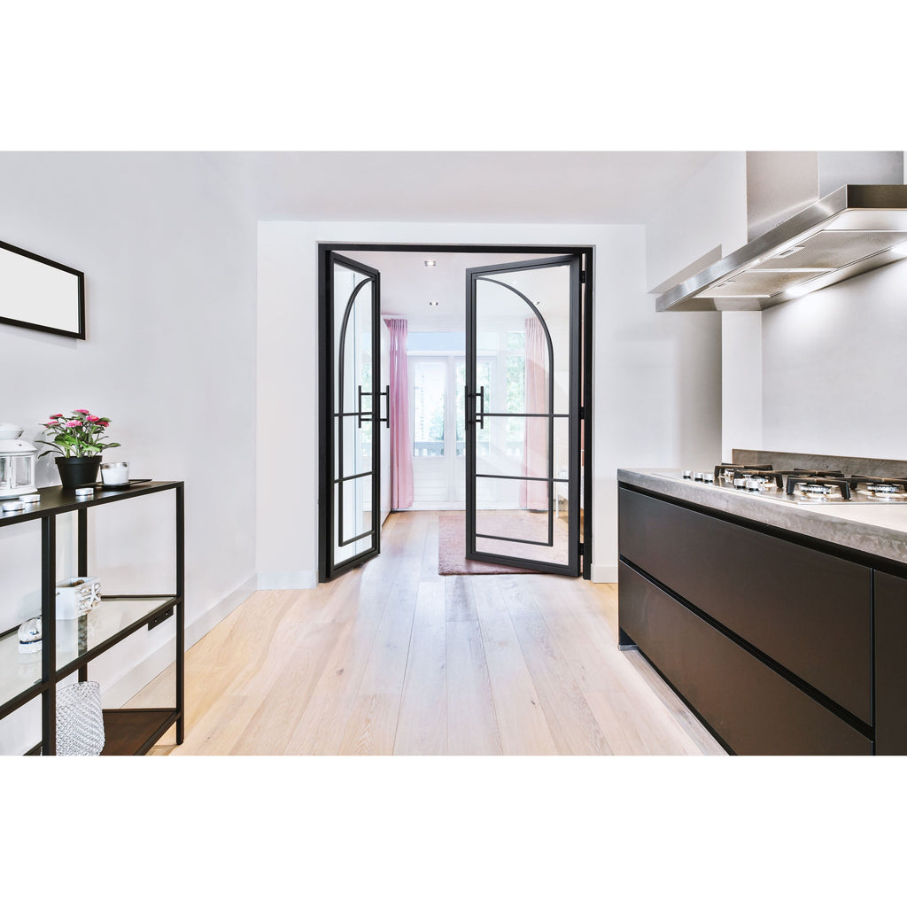 8 Lite, Interior Iron Double Door, Swing Open, Clear, Tempered Glass, No Lock, Door handles and Frame, Black, Full View, Kitchen and Room Connection, See through Windows, Swing Open into Room from Kitchen