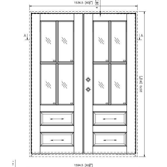 Double Door, Beveled Glass, 4 Lite over 2 Panels, Prefinished, Mahogany Wood Door and Frame, 4 Inch Jamb, CAD