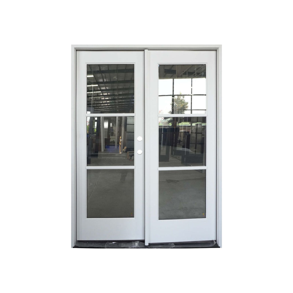 3 Lite Fiberglass Double Door, White Door and Frame, Painted White, Clear, Low E, Glass, 4 inch Jamb, Full View, Swinging Open View of Door , Clear View through Glass