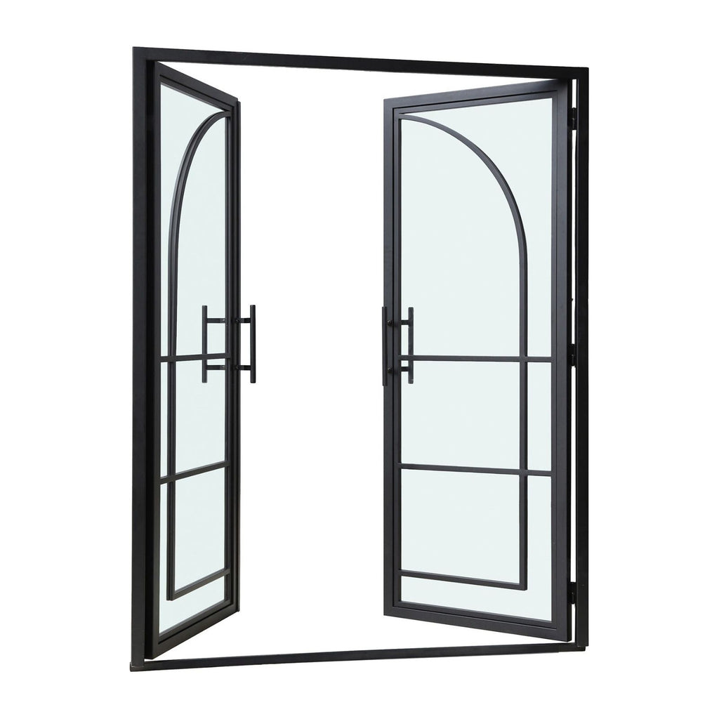 8 Lite, Interior Iron Double Door, Swing Open, Clear, Tempered Glass, No Lock, Door handles and Frame, Black, Full View