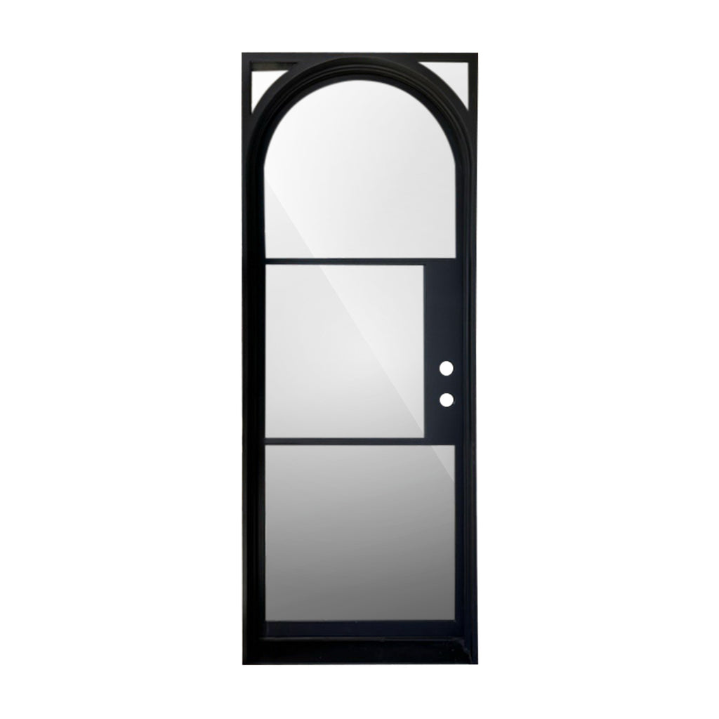 Single Exterior Iron Door, Arch with Square Frame, 3 Lite, Matte Black Door and Frame, Clear Glass, Tempered, Low E, 6 inch Jamb