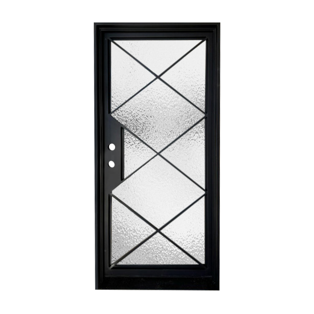 Single Exterior Iron Door, Criss Cross Iron Design, Full View, Matte Black Door and Frame, Flemish, Low E Glass, 6 inch Jamb