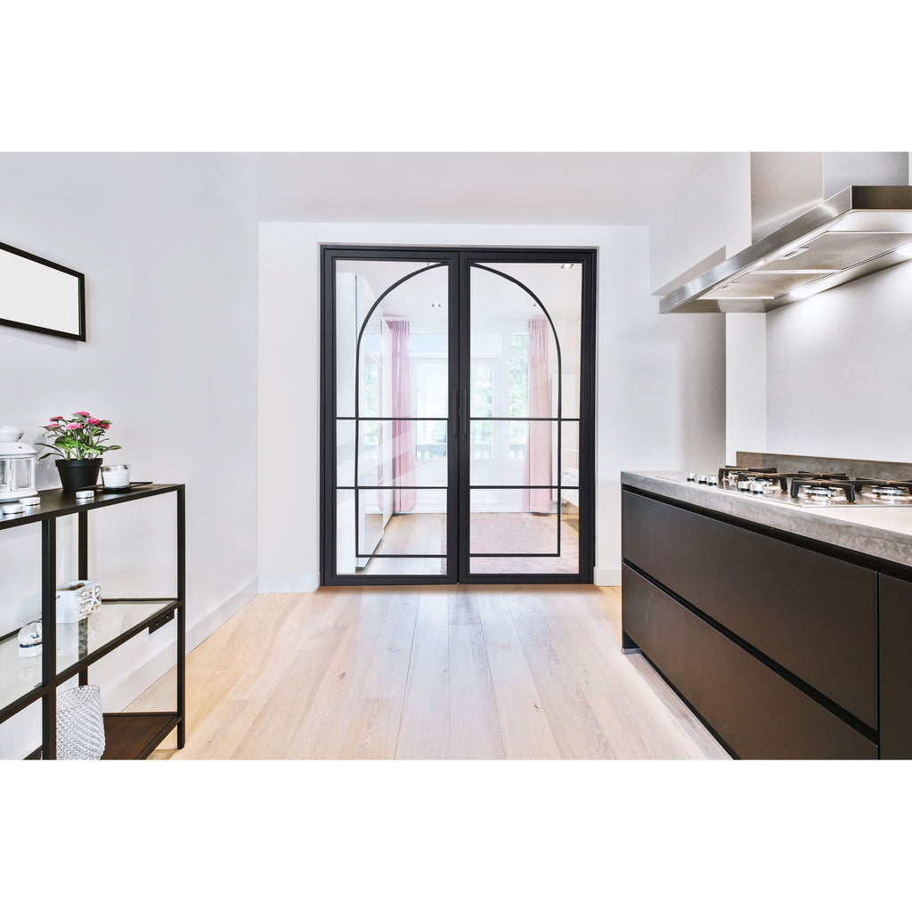 8 Lite, Interior Iron Double Door, Swing Open, Clear, Tempered Glass, No Lock, Door handles and Frame, Black, Full View, Kitchen and Room Connection, See through Windows